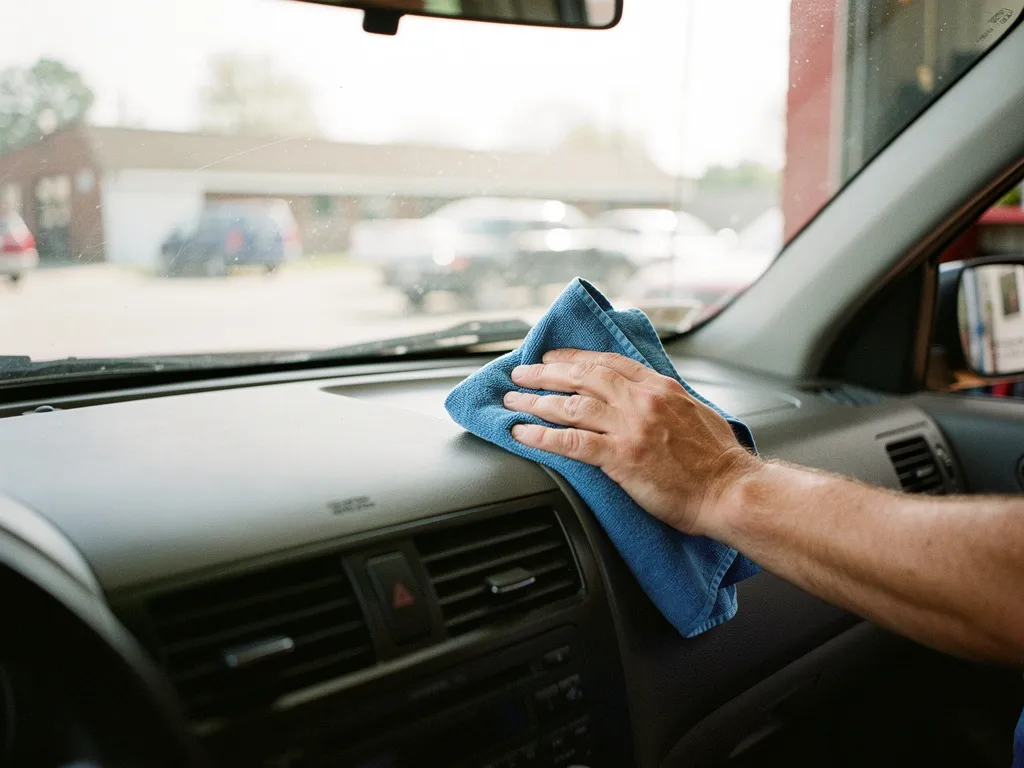 A hand wiping down the dashboard of a car with a microfiber cloth